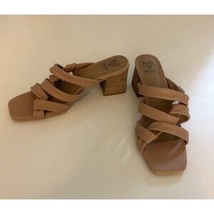 Womens Slip on Slides 11 Tan Strappy Mid Chuncky Stack Heel Sq Toe Beast Fashion